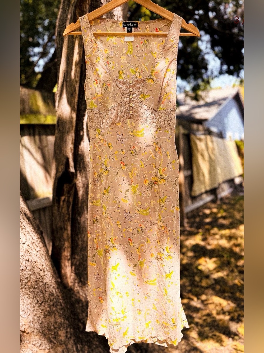 Y2K bebe 100% silk Beige Floral Midi Dress